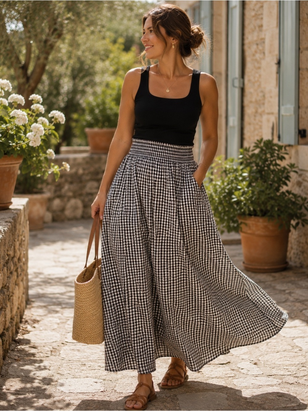 Agnes & Dora Black White Gingham Maxi Skirt Lined Cottagecore XL NWT
